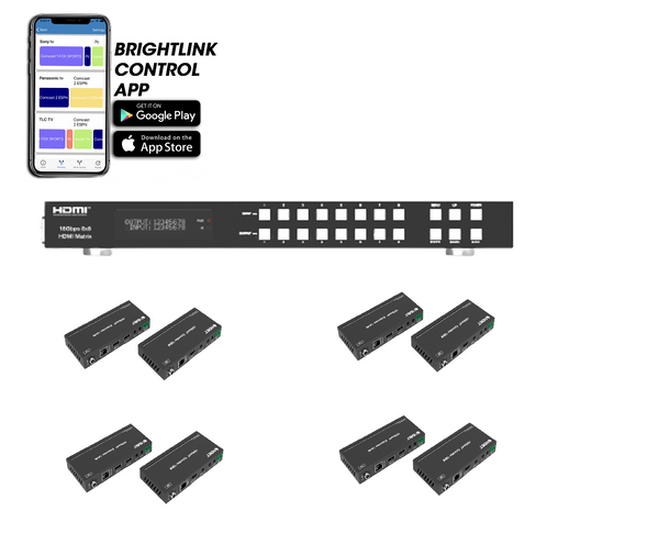 Brightlink New 8x8 18Gbps 4k@60 HDMI 2.0 HDMI Matrix with, CEC, ARC Function/HDBaseT Extenders over Cat6 – 228ft - 8 Sources to 8 Displays – POE/POC - RS232 PC and IR Control