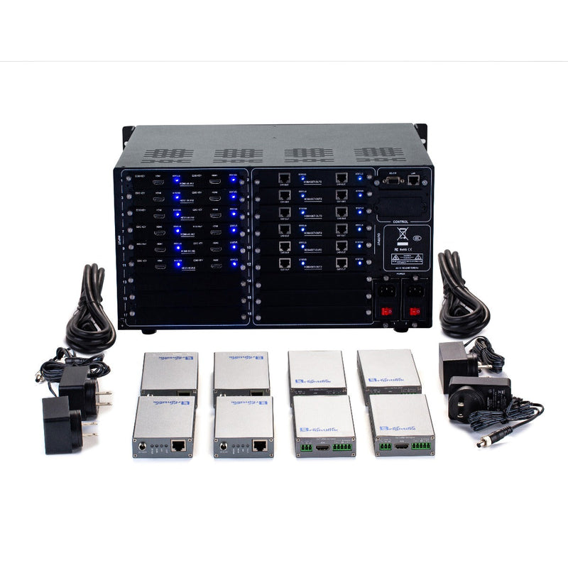 Brightlink PRO-MIX 4K Seamless Modular Matrix in our 12 HDMI Input x 2 HDMI output + 12 HDBaseT Output configuration (c/w 12 Receivers over Cat6 Up To 228ft) - Front Panel 7” Touch Screen - Free Brightlink Control APP.