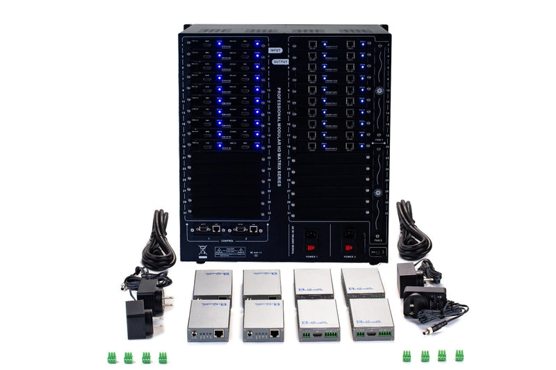 Brightlink PRO-MIX 4K Seamless Modular Matrix in our 22 HDMI Input x 12 HDMI Output + 20 HDBaseT Output configuration (c/w 20 Receivers over Cat6 Up To 228ft) - Front Panel 7” Touch Screen - Free Brightlink Control APP