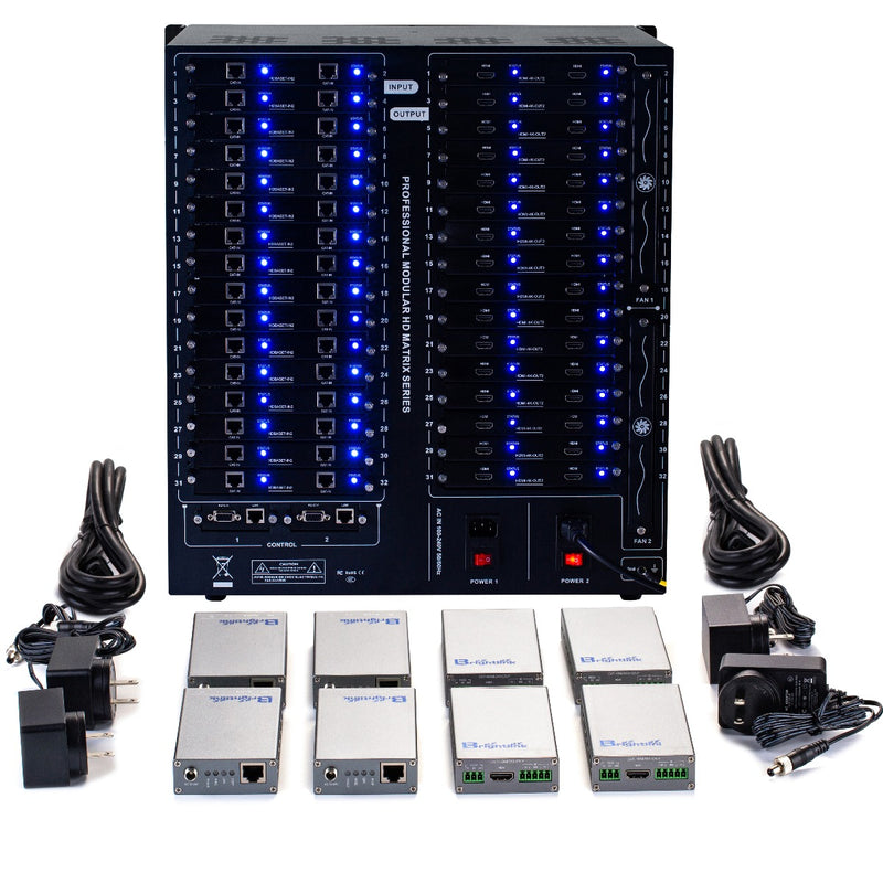 Brightlink PRO-MIX 4K Seamless Modular Matrix in our 32 HDMI Input x 32 HDBaseT Output configuration (c/w 32 Receivers over Cat6 Up To 228ft) - Front Panel 7” Touch Screen - Free Brightlink Control APP.