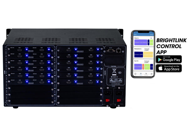 Brightlink PRO-MIX 4K Seamless Modular Matrix in our 12 HDMI Input x 12 HDMI Output configuration - Front Panel 7” Touch Screen - Free Brightlink Control APP.