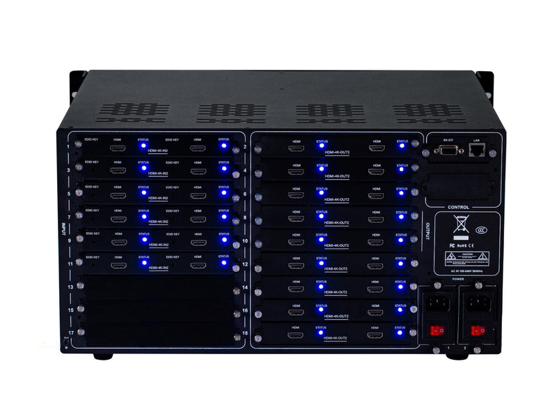 Brightlink PRO-MIX 4K Seamless Modular Matrix in our 12 HDMI Input x 18 HDMI Output configuration - Front Panel 7” Touch Screen - Free Brightlink Control APP.