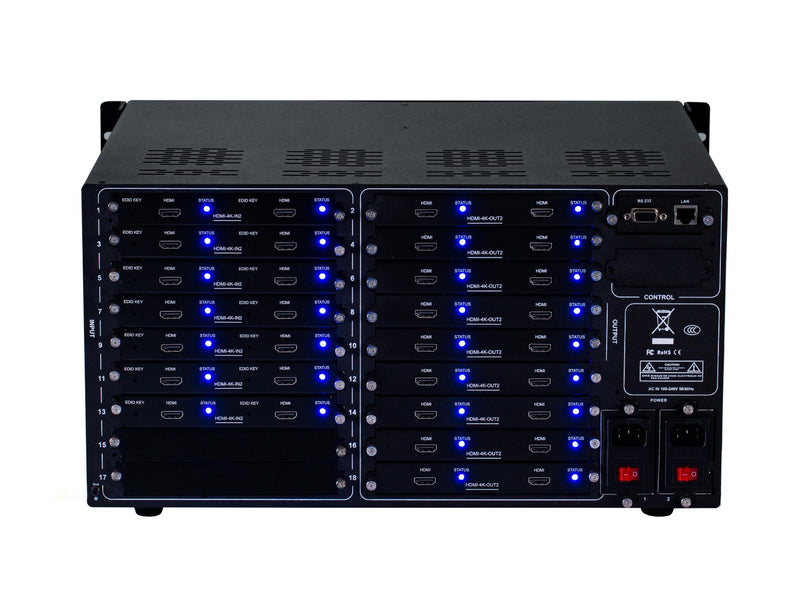 Brightlink PRO-MIX 4K Seamless Modular Matrix in our 14 HDMI Input x 18 HDMI Output configuration - Front Panel 7” Touch Screen - Free Brightlink Control APP.