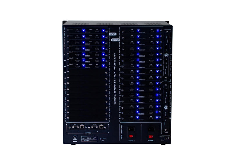 Brightlink PRO-MIX 4K Seamless Modular Matrix in our 14 HDMI Input x 32 HDMI Output configuration - Front Panel 7” Touch Screen - Free Brightlink Control APP.