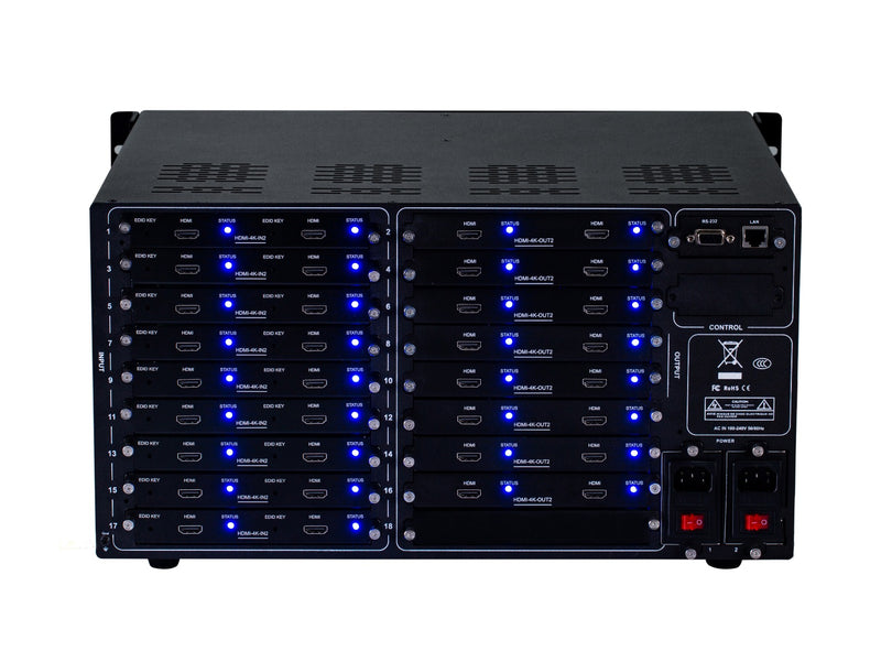 Brightlink PRO-MIX 4K Seamless Modular Matrix in our 18 HDMI Input x 16 HDMI Output configuration - Front Panel 7” Touch Screen - Free Brightlink Control APP.