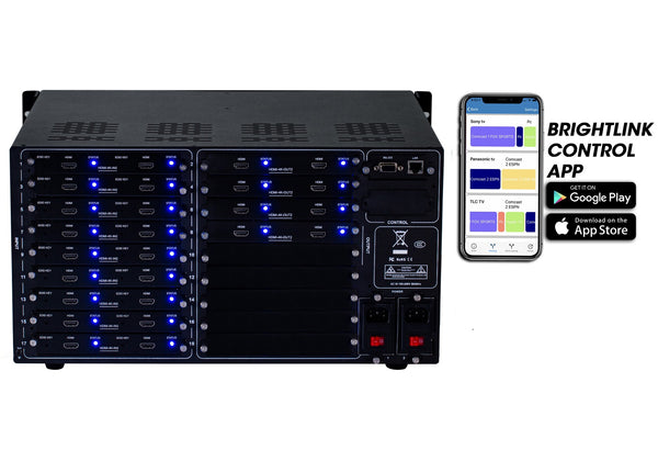 Brightlink PRO-MIX 4K Seamless Modular Matrix in our 18 HDMI Input x 8 HDMI Output configuration - Front Panel 7” Touch Screen - Free Brightlink Control APP.