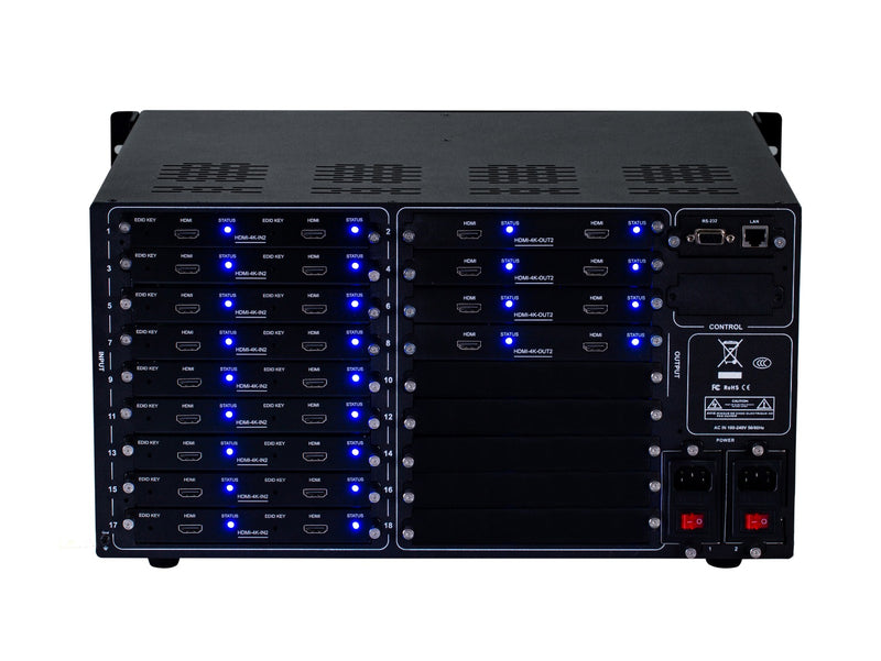 Brightlink PRO-MIX 4K Seamless Modular Matrix in our 18 HDMI Input x 8 HDMI Output configuration - Front Panel 7” Touch Screen - Free Brightlink Control APP.