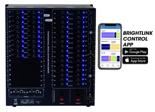 Brightlink PRO-MIX 4K Seamless Modular Matrix in our 20 HDMI Input x 32 HDMI Output configuration - Front Panel 7” Touch Screen - Free Brightlink Control APP.