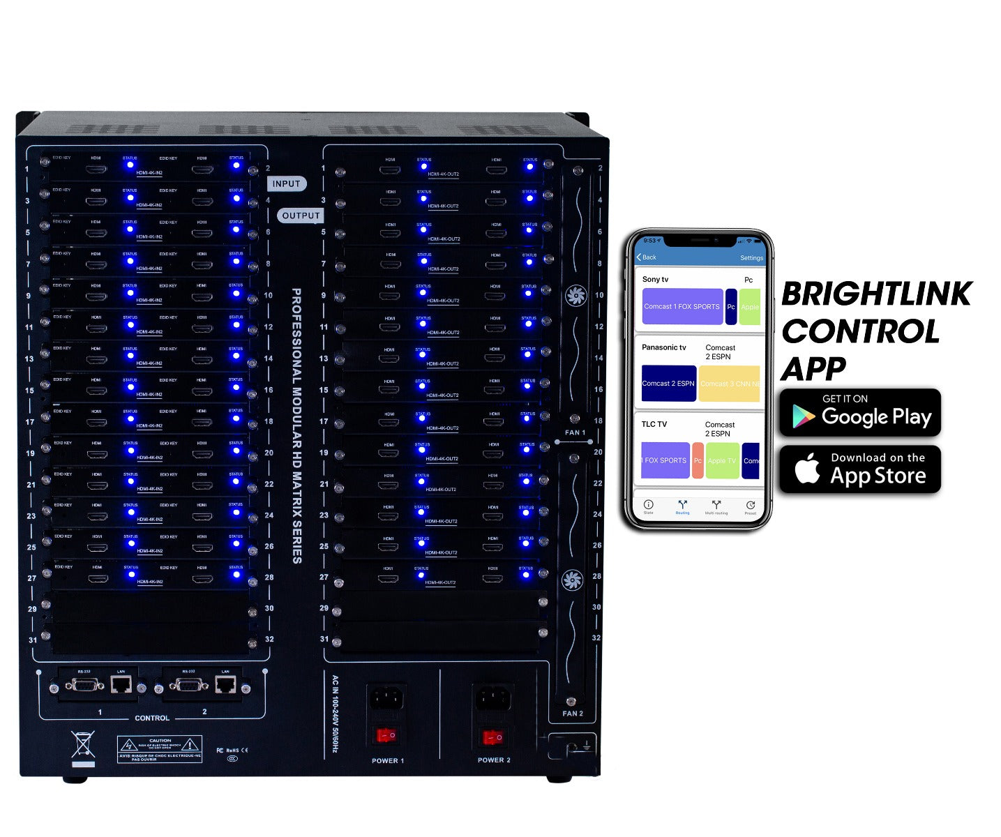 Brightlink PRO-MIX 4K Seamless Modular Matrix in our 20 HDBaseT Input x 32 HDBaseT Output configuration (c/w 32 Receivers over Cat6 Up To 228ft) - Front Panel 7” Touch Screen - Free Brightlink Control APP.7