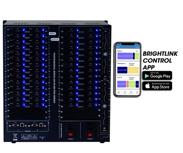 Brightlink PRO-MIX 4K Seamless Modular Matrix in our 28 HDMI Input x 28 HDMI Output configuration - Front Panel 7” Touch Screen - Free Brightlink Control APP.
