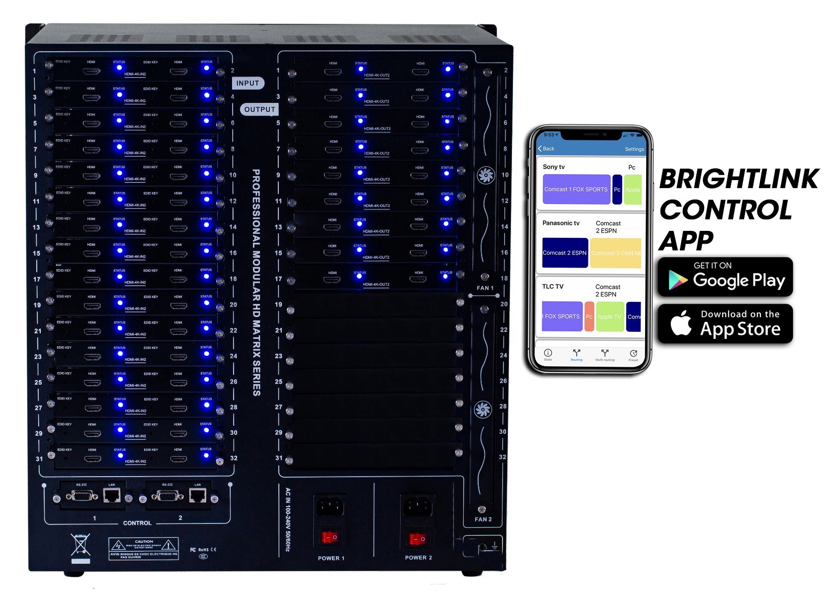 Brightlink PRO-MIX 4K Seamless Modular Matrix in our 18 HDMI Input x 32 HDMI Output configuration - Front Panel 7” Touch Screen - Free Brightlink Control APP.