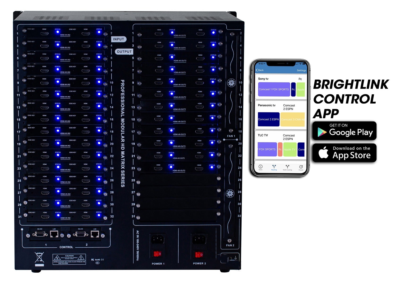 Brightlink PRO-MIX 4K Seamless Modular Matrix in our 32 HDMI Input x 32 HDBaseT Output configuration (c/w 32 Receivers over Cat6 Up To 228ft) - Front Panel 7” Touch Screen - Free Brightlink Control APP.