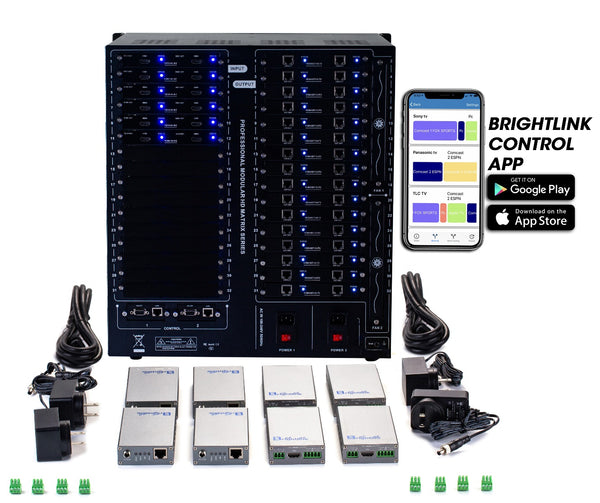 Brightlink PRO-MIX 4K Seamless Modular Matrix in our 12 HDMI Input x 26 HDBaseT Output configuration (c/w 26 Receivers over Cat6 Up To 228ft) - Front Panel 7” Touch Screen - Free Brightlink Control APP.