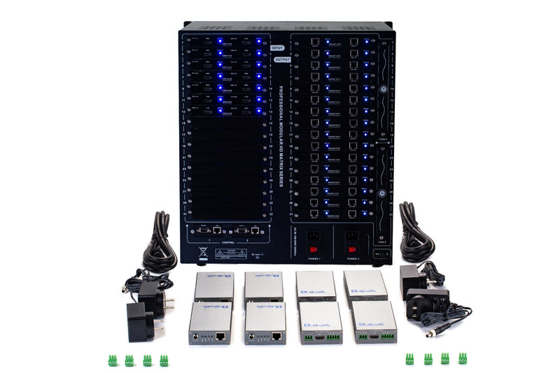 Brightlink PRO-MIX 4K Seamless Modular Matrix in our 8 HDMI Input x 24 HDBaseT Output configuration (c/w 24 Receivers over Cat6 Up To 228ft) - Front Panel 7” Touch Screen - Free Brightlink Control APP.