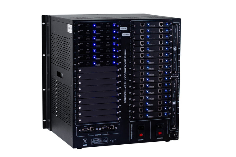 Brightlink PRO-MIX 4K Seamless Modular Matrix in our 14 HDMI Input x 32 HDBaseT Output configuration (c/w 32 Receivers over Cat6 Up To 228ft) - Front Panel 7” Touch Screen - Free Brightlink Control APP.