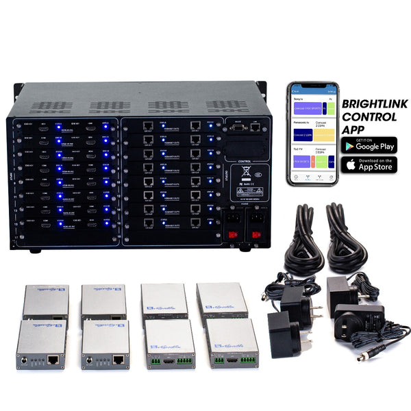 Brightlink PRO-MIX 4K Seamless Modular Matrix in our 16 HDMI Input x 16 HDBaseT Output configuration (c/w 16 Receivers over Cat6 Up To 228ft) - Front Panel 7” Touch Screen - Free Brightlink Control APP.