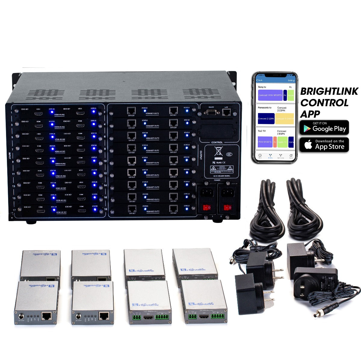 Brightlink PRO-MIX 4K Seamless Modular Matrix in our 4 HDBaseT Input x 18 HDBaseT Output configuration (c/w 4 Transmitters & 18 Receivers over Cat6 Up To 228ft) - Front Panel 7” Touch Screen - Free Brightlink Control APP.