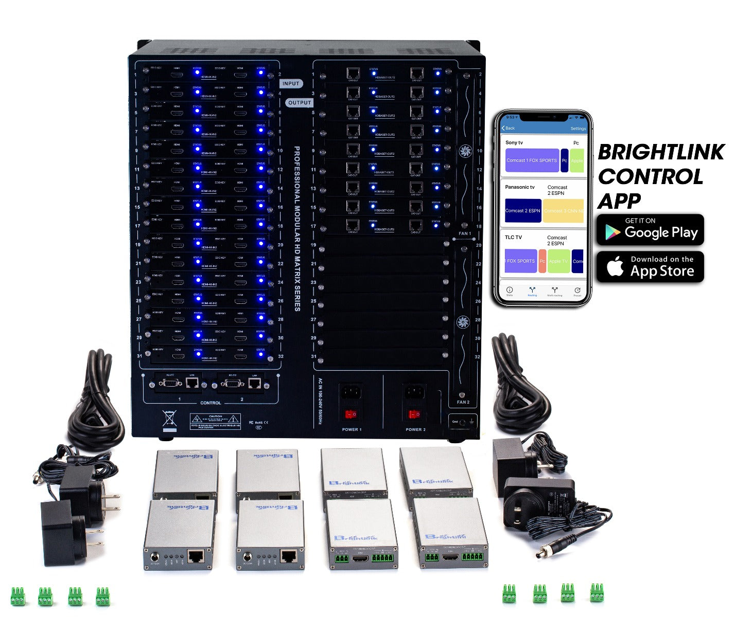 Brightlink PRO-MIX 4K Seamless Modular Matrix in our 6 HDMI Input x 18 HDBaseT Output configuration (c/w 18 Receivers over Cat6 Up To 228ft) - Front Panel 7” Touch Screen - Free Brightlink Control APP.