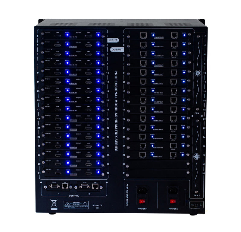Brightlink PRO-MIX 4K Seamless Modular Matrix in our 32 HDMI Input x 28 HDBaseT Output configuration (c/w 28 Receivers over Cat6 Up To 228ft) - Front Panel 7” Touch Screen - Free Brightlink Control APP.
