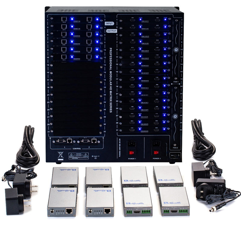 Brightlink PRO-MIX 4K Seamless Modular Matrix in our 12 HDBaseT Input x 32 HDMI Output configuration (c/w 32 Receivers over Cat6 Up To 228ft) - Front Panel 7” Touch Screen - Free Brightlink Control APP.7