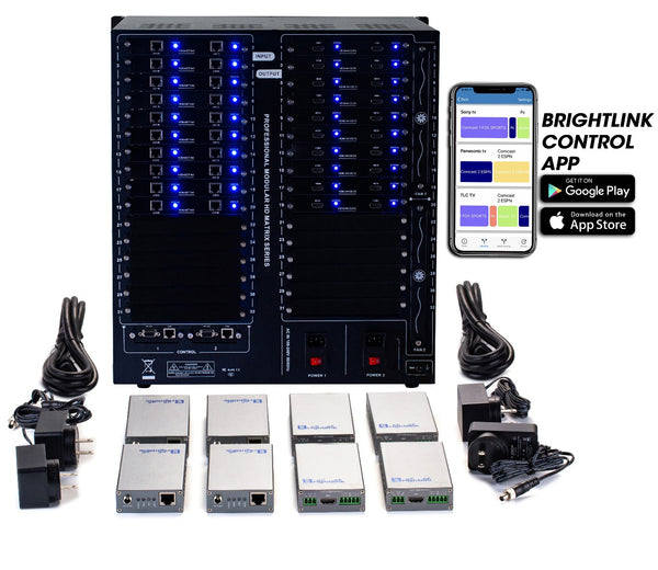 Brightlink PRO-MIX 4K Seamless Modular Matrix in our 20 HDBaseT Input x 20 HDMI Output configuration (c/w 20 Receivers over Cat6 Up To 228ft) - Front Panel 7” Touch Screen - Free Brightlink Control APP.7