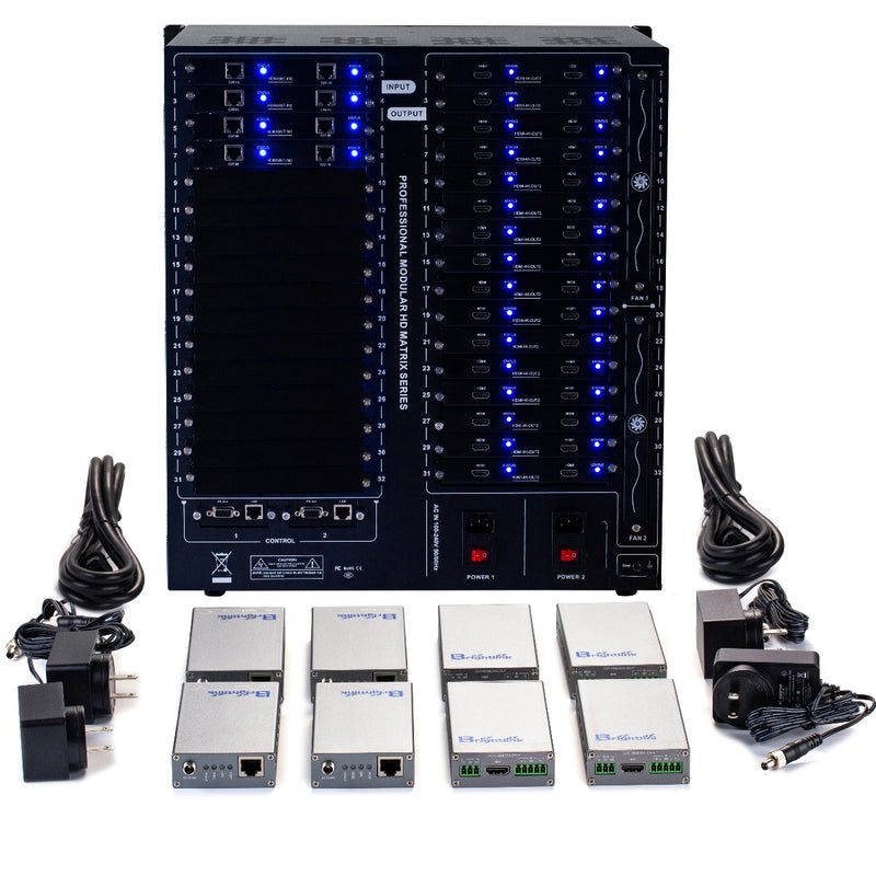 Brightlink PRO-MIX 4K Seamless Modular Matrix in our 8 HDBaseT Input x 32 HDMI Output configuration (c/w 32 Receivers over Cat6 Up To 228ft) - Front Panel 7” Touch Screen - Free Brightlink Control APP.7