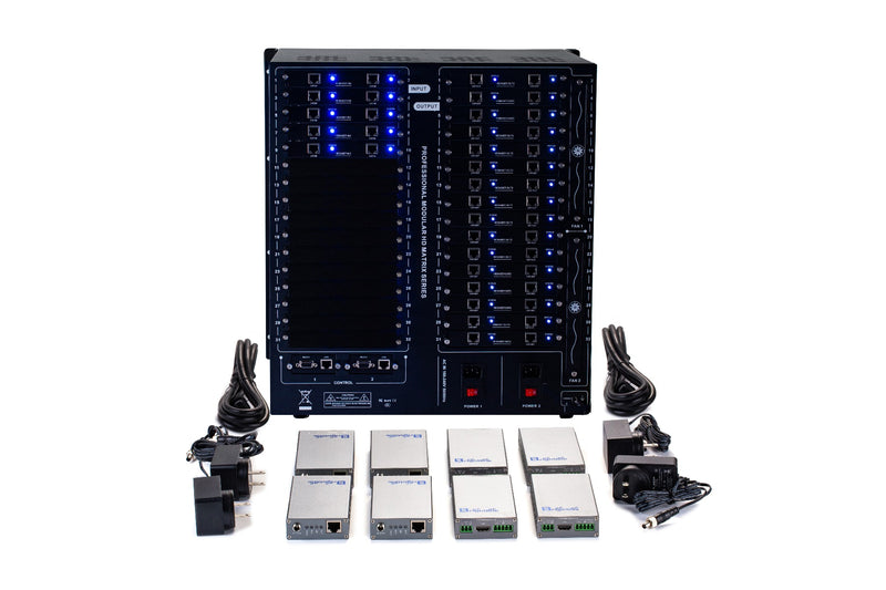 Brightlink PRO-MIX 4K Seamless Modular Matrix in our 10 HDBaseT Input x 32 HDBaseT Output configuration (c/w 32 Receivers over Cat6 Up To 228ft) - Front Panel 7” Touch Screen - Free Brightlink Control APP.7