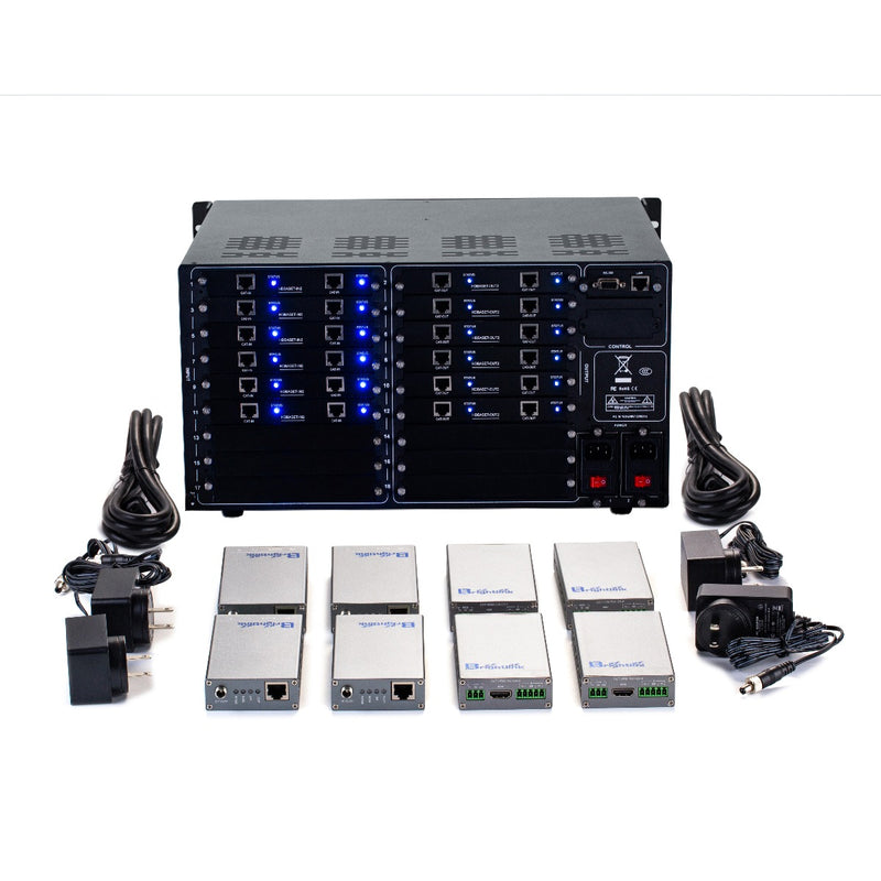 Brightlink PRO-MIX 4K Seamless Modular Matrix in our 12 HDBaseT Input x 12 HDBaseT Output configuration (c/w 12 Transmitters & 12 Receivers over Cat6 Up To 228ft) - Front Panel 7” Touch Screen - Free Brightlink Control APP.