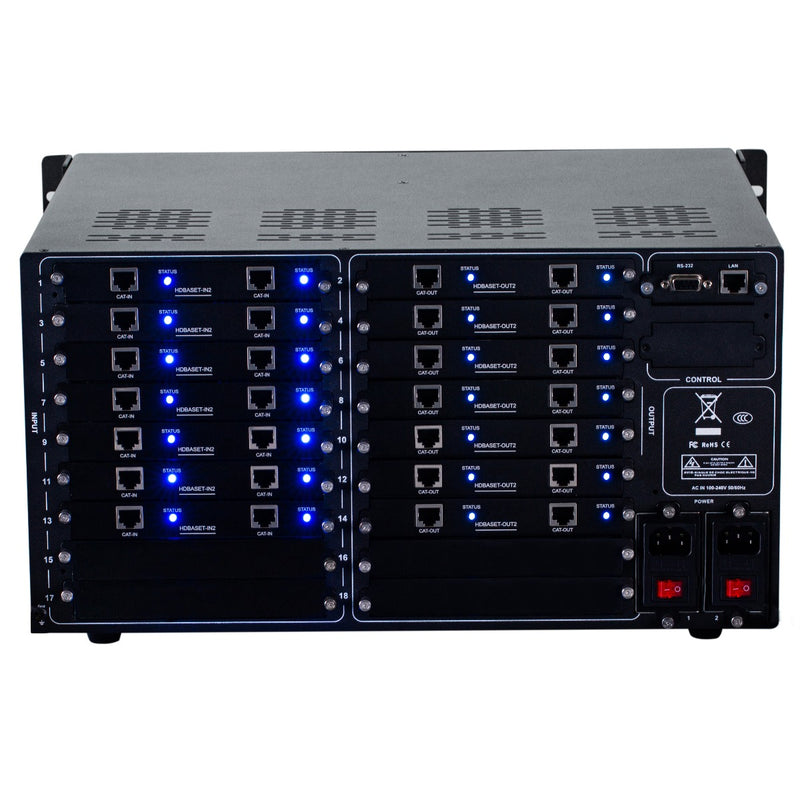 Brightlink PRO-MIX 4K Seamless Modular Matrix in our 14 HDBaseT Input x 14 HDBaseT Output configuration (c/w 14 Transmitters & 14 Receivers over Cat6 Up To 228ft) - Front Panel 7” Touch Screen - Free Brightlink Control APP.