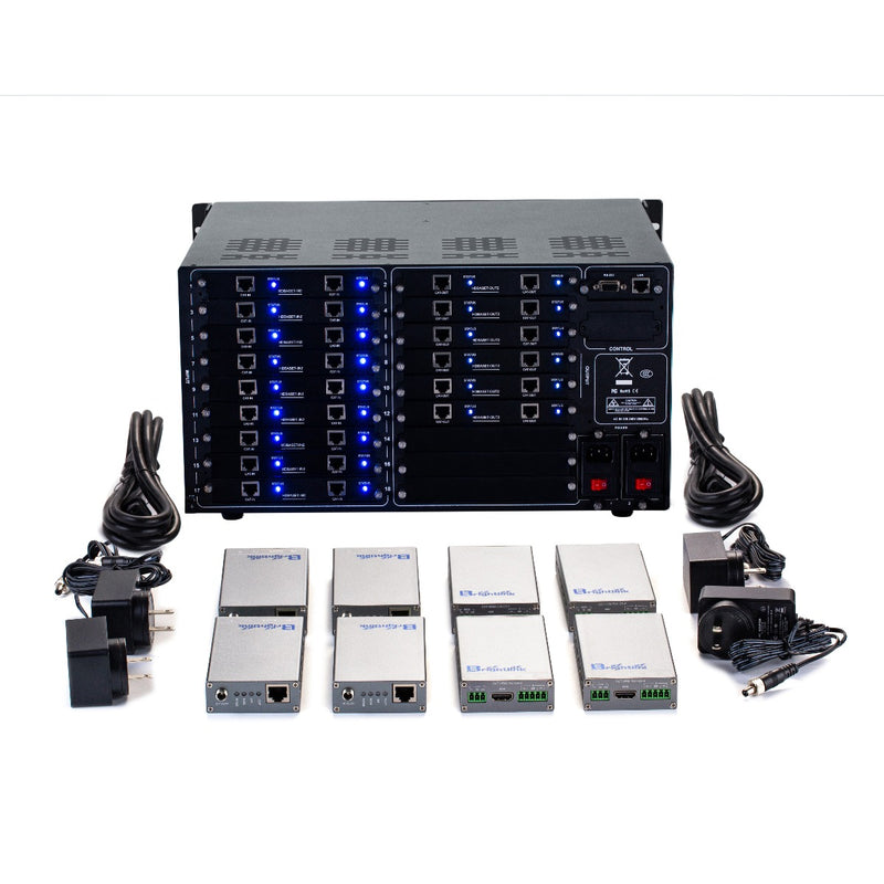 Brightlink PRO-MIX 4K Seamless Modular Matrix in our 18 HDBaseT Input x 12 HDBaseT Output configuration (c/w 18 Transmitters & 12 Receivers over Cat6 Up To 228ft) - Front Panel 7” Touch Screen - Free Brightlink Control APP.