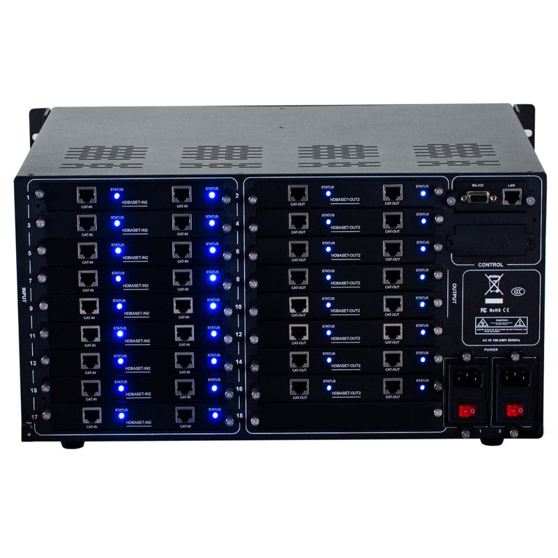 Brightlink PRO-MIX 4K Seamless Modular Matrix in our 18 HDBaseT Input x 16 HDBaseT Output configuration (c/w 18 Transmitters & 16 Receivers over Cat6 Up To 228ft) - Front Panel 7” Touch Screen - Free Brightlink Control APP.