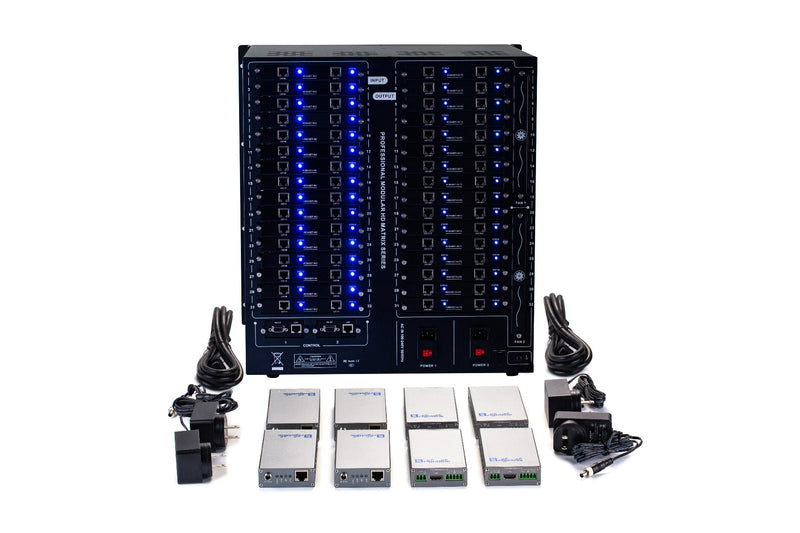 Brightlink PRO-MIX 4K Seamless Modular Matrix in our 32 HDBaseT Input x 32 HDBaseT Output configuration (c/w 32 HDBaseT Transmitters & 32 Receivers over Cat6 Up To 228ft) - Front Panel 7” Touch Screen - Free Brightlink Control APP.