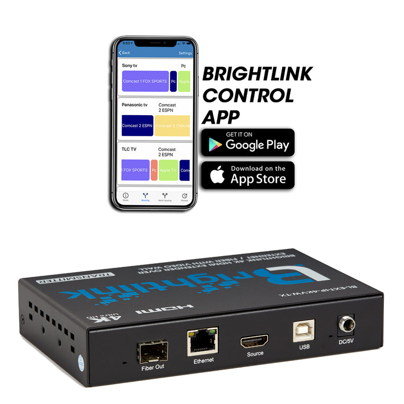 Brightlink 4K HDMI over IP TRANSMITTER (POE) for source / input device - Part of Brightlink’s Any Size HDMI over IP Matrix System with APP control - Video Walls up to 8x16 displays -H.264 up to 400ft/120m over Cat6 and USB KVM extension -TRANSMITTER ONL