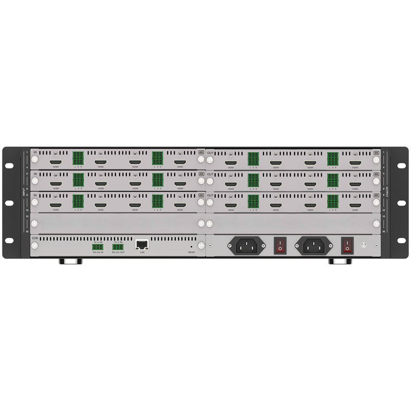 Brightlink's NEW 4K@60Hz/HDMI 16x16 Modular Seamless Switching Matrix with built in Video Wall Controller with up to 16 output channels (4K@60Hz HDMI 12 Input / 12 HDMI Out)