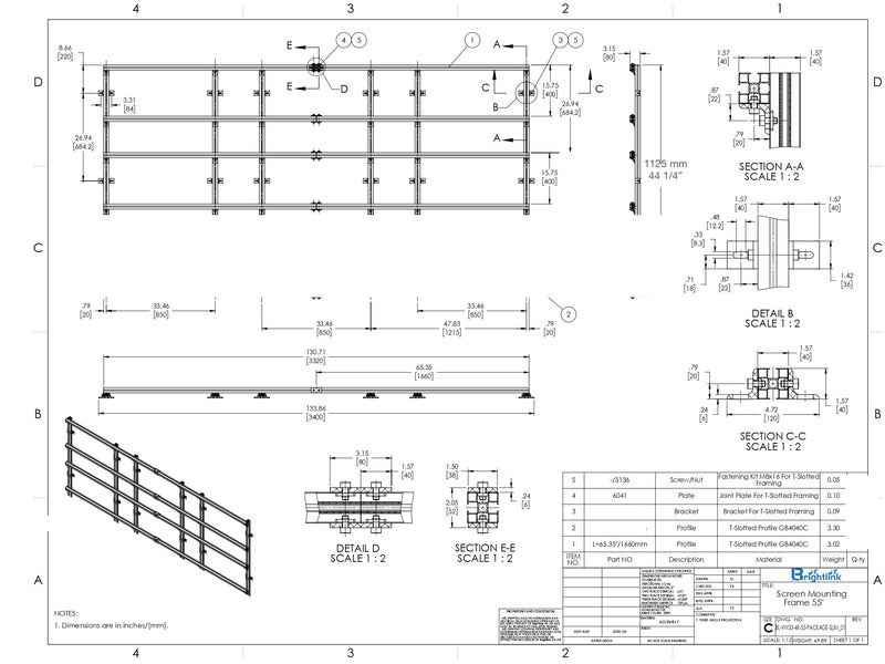 Aluminum Mounting Bracket for 2x3 55" Video Wall Displays