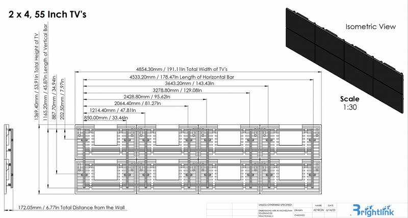 Brightlink 2x4 - 8ea 55" Ultra Thin 1.75mm Bezel per side / 3.5mm total  - Digital Signage Video Wall / Menu Board - c/w Wall mounts & HDMI Splitter