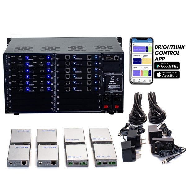 Brightlink PRO-MIX 4K Seamless Modular Matrix in our 12 HDMI Input x 2 HDMI output + 12 HDBaseT Output configuration (c/w 12 Receivers over Cat6 Up To 228ft) - Front Panel 7” Touch Screen - Free Brightlink Control APP.