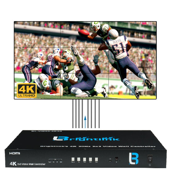 Brightlink’s New 4K UHD 3x3 Video Wall Controller - 1 input to 9 Displays with USB TYPE-C Cable /VGA / DP/ Dual HDMI input. Create 2x3, 3x2, 3x3, 2x4, 4x2, and cascade addition controls to create up to 10x10 Video Walls