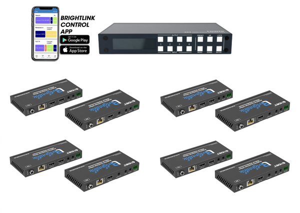 Brightlink New 4x4 HDMI Matrix - Support 4K@60HZ 4:4:4, Downscaler  (Model # BL-4X4-HD20-A) SET with 4ea 492ft/150m 18Gbps HDBaseT / HDMI 2.0 4K@60hz 4:4:4 HDR Extender over single Cat -CEC -2 Way IR - RS232 - POC/POE - Audio Extraction - HDMI Loop out
