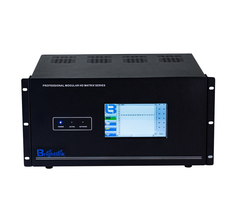 Brightlink PRO-MIX 4K Seamless Modular Matrix in our 18 HDBaseT Input x 12 HDBaseT Output configuration (c/w 18 Transmitters & 12 Receivers over Cat6 Up To 228ft) - Front Panel 7” Touch Screen - Free Brightlink Control APP.