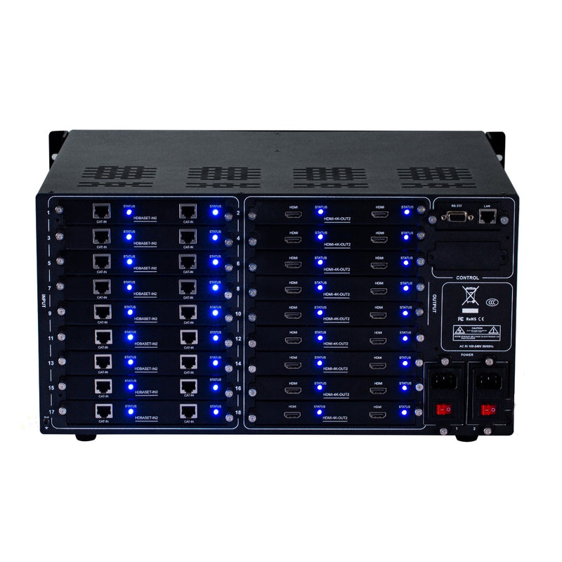 Brightlink PRO-MIX 4K Seamless Modular Matrix in our 18 HDBaseT Input x 18 HDMI Output configuration (c/w 18 Transmitters over Cat6 Up To 228ft) - Front Panel 7” Touch Screen - Free Brightlink Control APP.