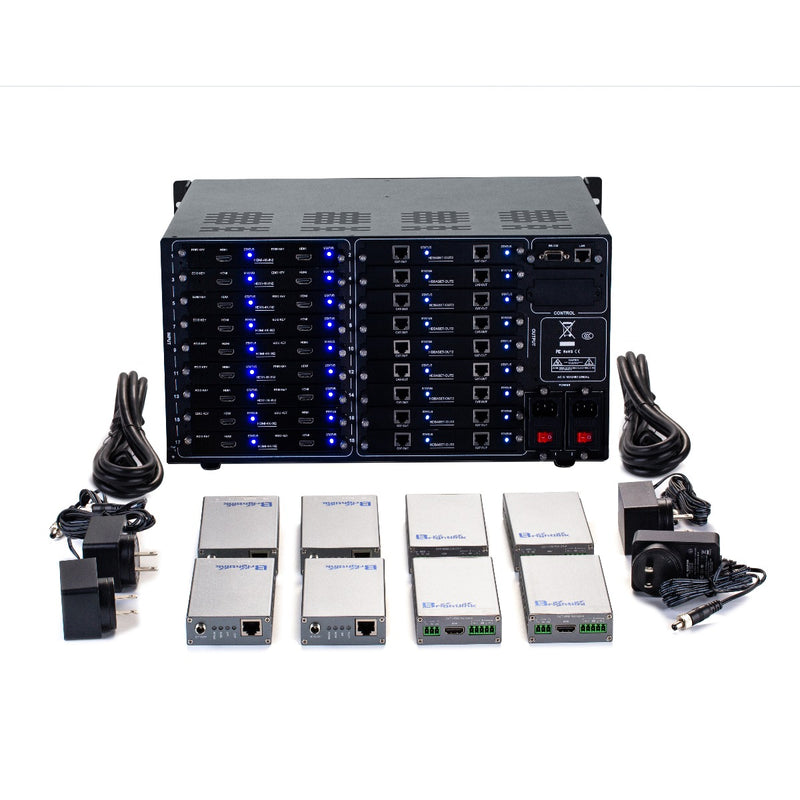 Brightlink PRO-MIX 4K Seamless Modular Matrix in our 18 HDMI Input x 18 HDBaseT Output configuration (c/w 18 Receivers over Cat6 Up To 228ft) - Front Panel 7” Touch Screen - Free Brightlink Control APP.