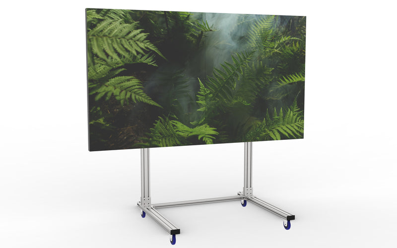 Brightlink’s heavy duty 2x2 mobile video wall stand for most 75” LCD displays in a 2 high by 2 across configuration / 150” diagonally.