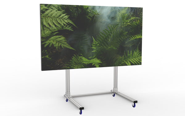 Brightlink’s heavy duty 2x2 mobile video wall stand for most 55” LCD displays in a 2 high by 2 across configuration / 110” diagonally.