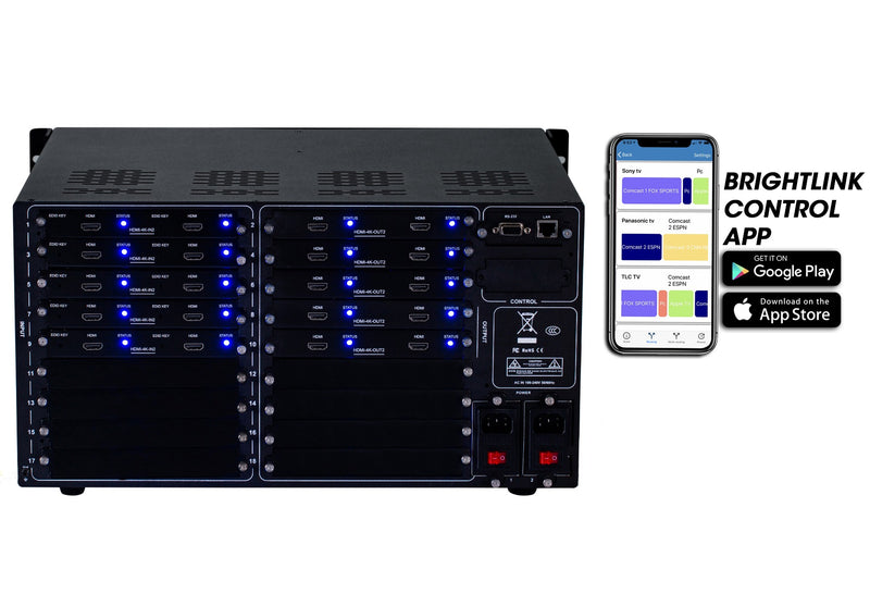Brightlink PRO-MIX 4K Seamless Modular Matrix in our 10 HDMI Input x 10 HDMI Output configuration - Front Panel 7” Touch Screen - Free Brightlink Control APP.