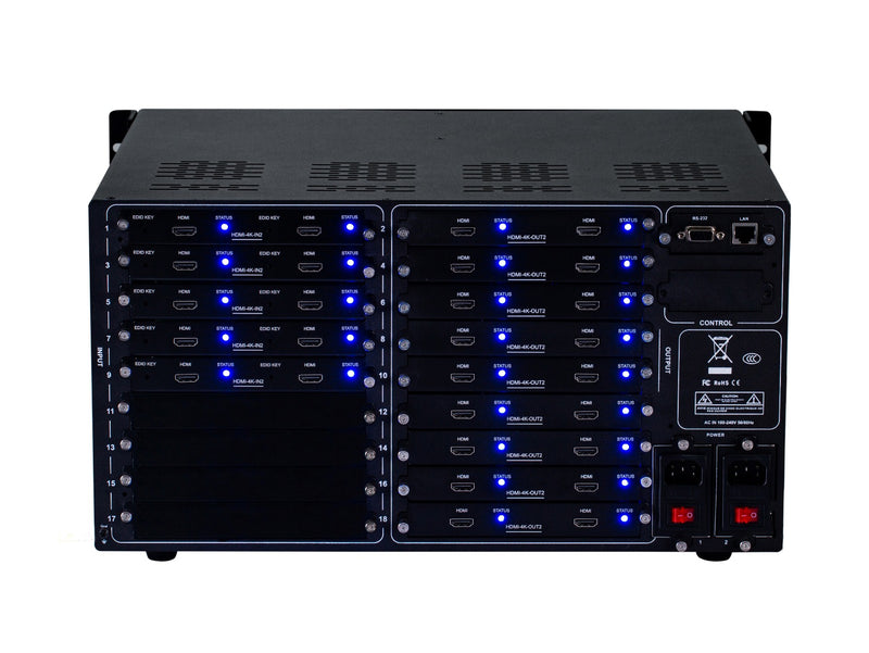 Brightlink PRO-MIX 4K Seamless Modular Matrix in our 10 HDMI Input x 18 HDMI Output configuration - Front Panel 7” Touch Screen - Free Brightlink Control APP.