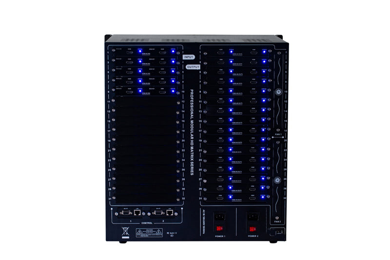 Brightlink PRO-MIX 4K Seamless Modular Matrix in our 10 HDMI Input x 32 HDMI Output configuration - Front Panel 7” Touch Screen - Free Brightlink Control APP.