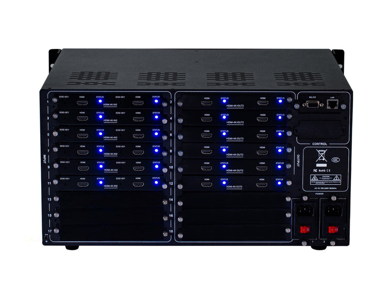 Brightlink PRO-MIX 4K Seamless Modular Matrix in our 12 HDMI Input x 12 HDMI Output configuration - Front Panel 7” Touch Screen - Free Brightlink Control APP.
