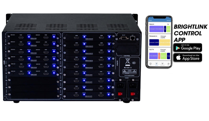 Brightlink PRO-MIX 4K Seamless Modular Matrix in our 12 HDMI Input x 18 HDMI Output configuration - Front Panel 7” Touch Screen - Free Brightlink Control APP.
