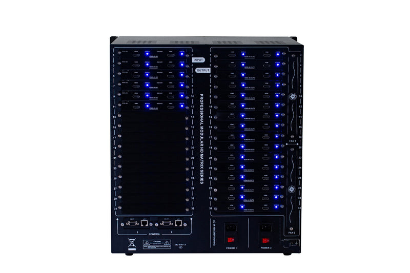 Brightlink PRO-MIX 4K Seamless Modular Matrix in our 12 HDMI Input x 32 HDMI Output configuration - Front Panel 7” Touch Screen - Free Brightlink Control APP.